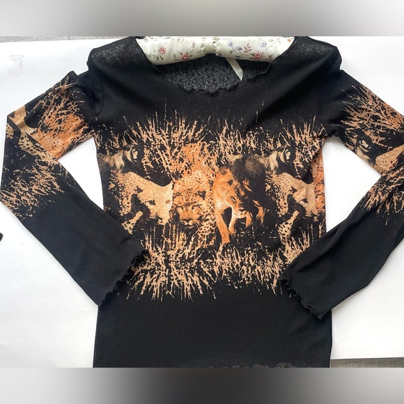 Sheer Mesh Lion Print Top  tiger Y2K Grunge Long Sleeve - Picture 3 of 5